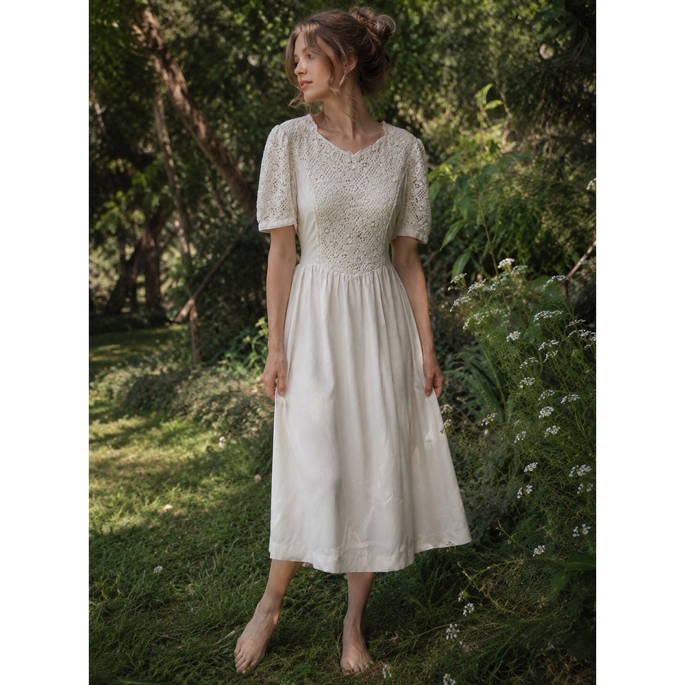 Vintage cream‎ crochet cottage feminine chiffon midi dress Victorian puff sleeve